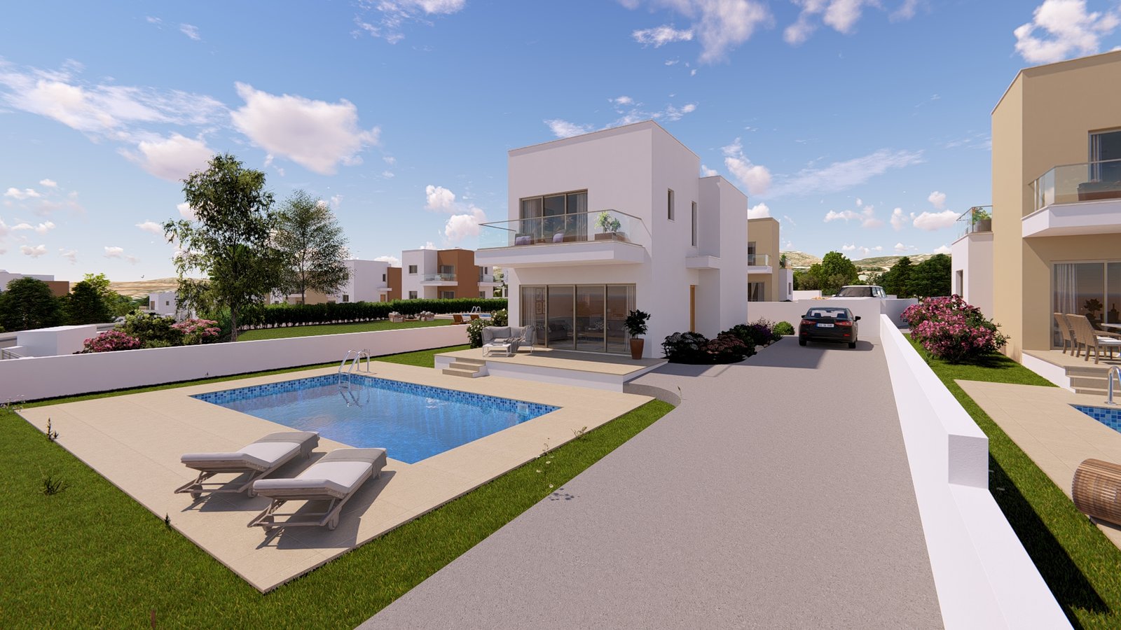 Side view of luxury villa with landscaped garden at Venus Rock
