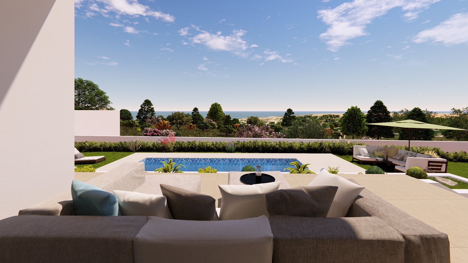 Poolside lounge area at luxury villa in Venus Rock Golf Resort