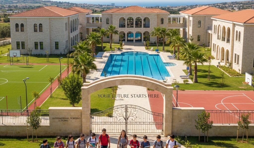 Aerial view of a modern international school campus in Paphos, Cyprus