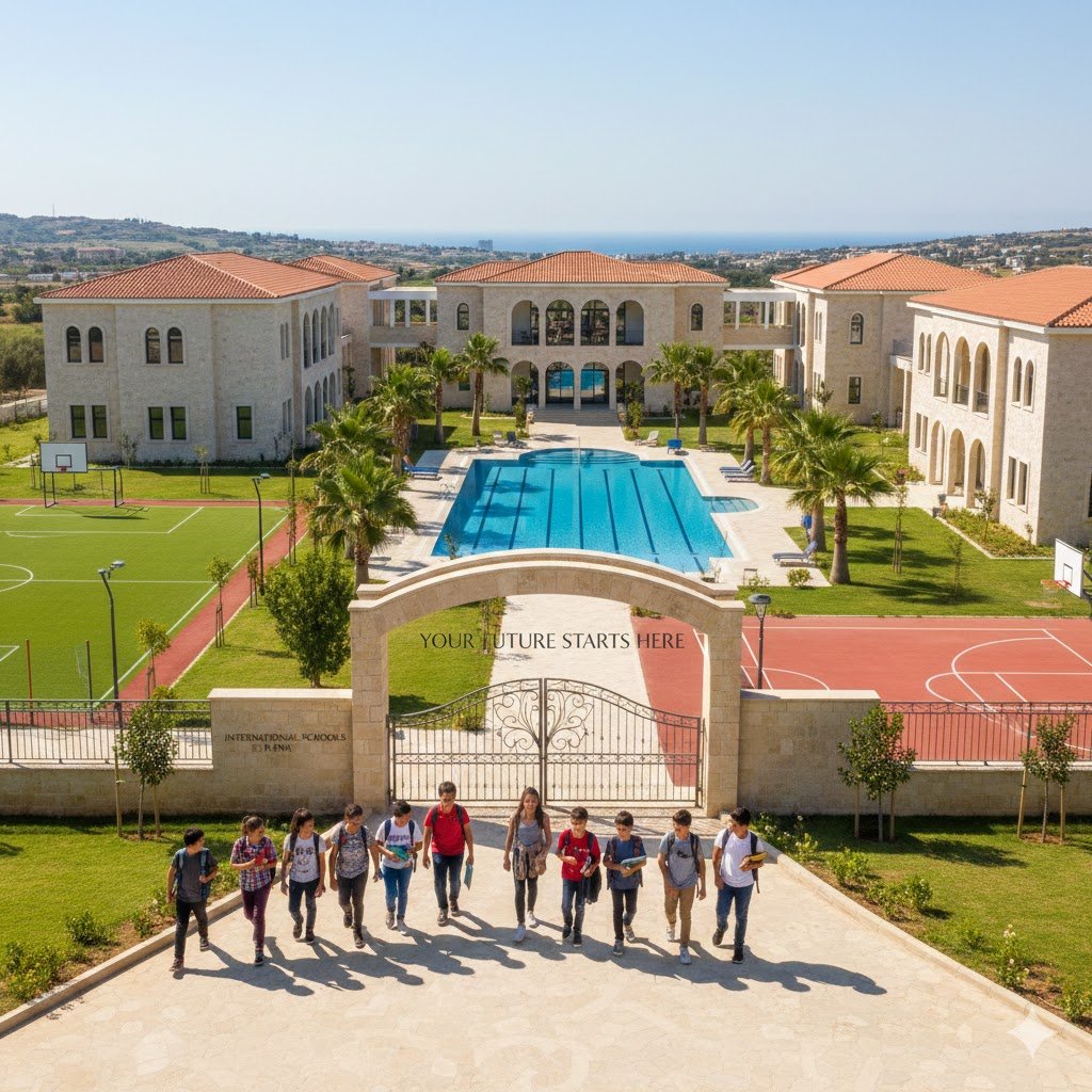 Aerial view of a modern international school campus in Paphos, Cyprus